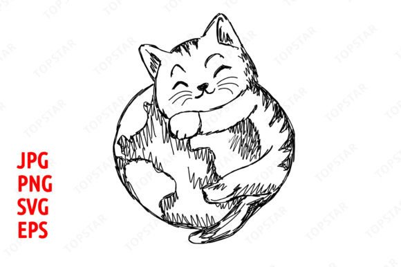 Cute Cat Hugging Earth Line Illustration Review